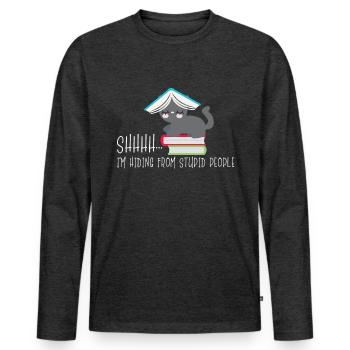 Katze Lesen Nerd verstecken hinterm Buch - Männer Premium Bio Langarmshirt - Anthrazit meliert - Vorne - Nico (187cm)
