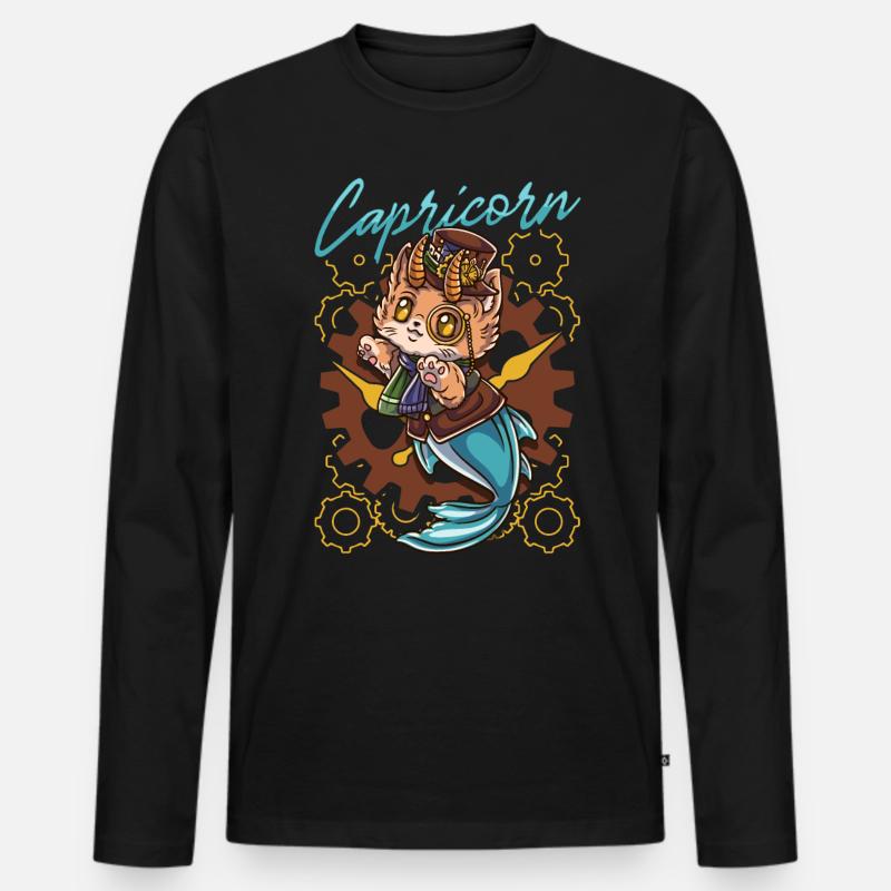 Steampunk-katze-steinbock-tierkreis - Männer Premium Bio Langarmshirt - Schwarz