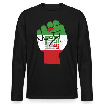 Drapeau iranien Femmes Vie Liberté en farsi Femme - T-shirt manches longues Premium bio Homme - noir - Devant - Nico (187cm)