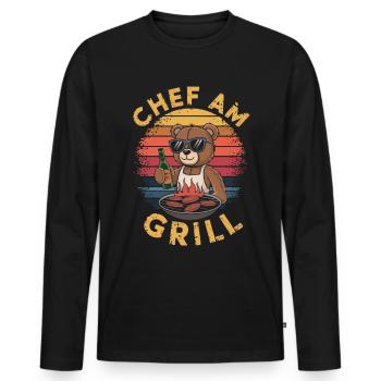 Teddy bear grilling a BBQ on the grill - Men's Premium Organic Long Sleeve Shirt - black - Front - Nico (187cm)