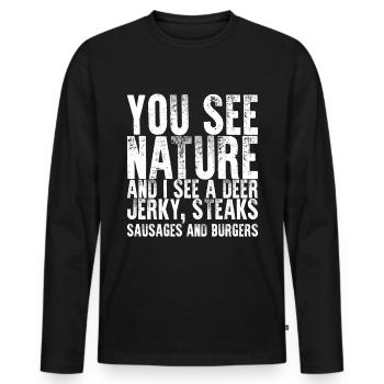 Vous voyez la nature, je vois un cerf, jerky, steaks 2 - T-shirt manches longues Premium bio Homme - noir - Devant - Nico (187cm)