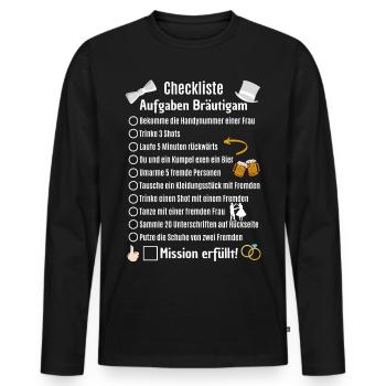 Junggesellenabschied Checkliste Junggeselle - Männer Premium Bio Langarmshirt - Schwarz - Vorne - Nico (187cm)