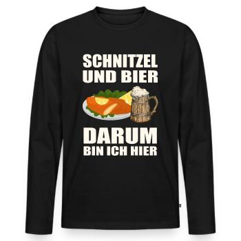 Schnitzel und Bier darum bin ich hier - Männer Premium Bio Langarmshirt - Schwarz - Vorne - Nico (187cm)