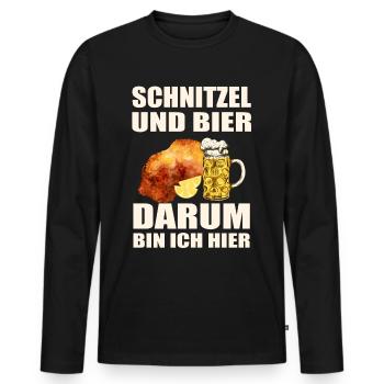 Schnitzel und Bier darum bin ich hier - Männer Premium Bio Langarmshirt - Schwarz - Vorne - Nico (187cm)