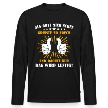 Lustig Sprüche Gott Grinste - Männer Premium Bio Langarmshirt - Schwarz - Vorne - Nico (187cm)