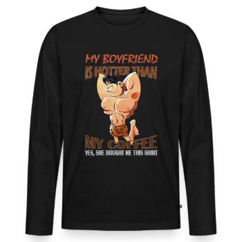 Mon copain est plus chaud que mon homme de café - T-shirt manches longues Premium bio Homme - noir - Devant - Nico (187cm)