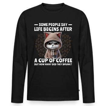 Coffee Cat Coffee Drinker - Men's Premium Organic Long Sleeve Shirt - black - Front - Nico (187cm)