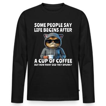 Coffee Cat Coffee Drinker - Men's Premium Organic Long Sleeve Shirt - black - Front - Nico (187cm)
