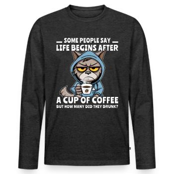 Coffee Cat Coffee Drinker - Men's Premium Organic Long Sleeve Shirt - heather anthracite - Front - Nico (187cm)