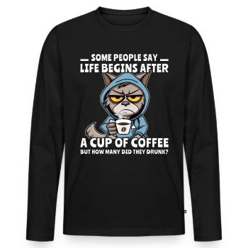 Coffee Cat Coffee Drinker - Men's Premium Organic Long Sleeve Shirt - black - Front - Nico (187cm)