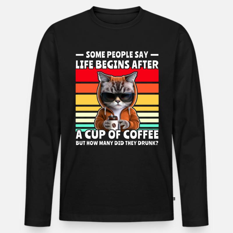 Retro Katze Kaffee - Männer Premium Bio Langarmshirt - Schwarz