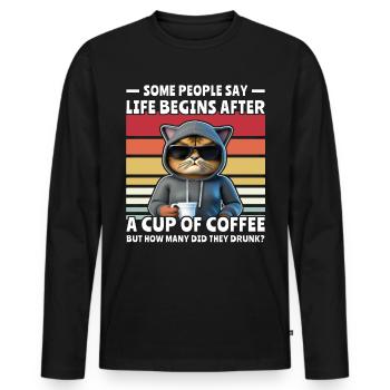 Retro Katze Kaffee - Männer Premium Bio Langarmshirt - Schwarz - Vorne - Nico (187cm)