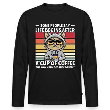 Retro Katze Kaffee - Männer Premium Bio Langarmshirt - Schwarz - Vorne - Nico (187cm)