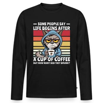 Retro Katze Kaffee - Männer Premium Bio Langarmshirt - Schwarz - Vorne - Nico (187cm)
