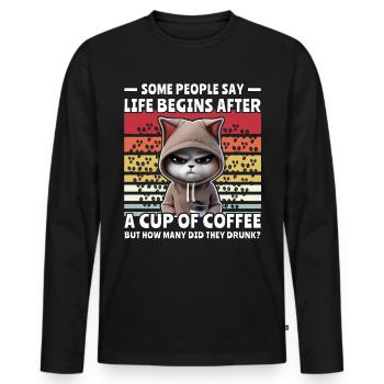 Retro Katze Kaffee - Männer Premium Bio Langarmshirt - Schwarz - Vorne - Nico (187cm)