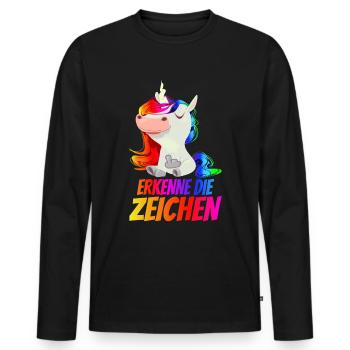 Erkenne die Zeichen - Mittelfinger Einhorn - Männer Premium Bio Langarmshirt - Schwarz - Vorne - Nico (187cm)