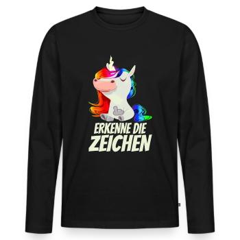 Erkenne die Zeichen - Mittelfinger Einhorn - Männer Premium Bio Langarmshirt - Schwarz - Vorne - Nico (187cm)