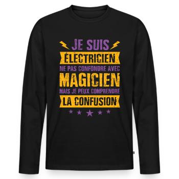 Fête des pères électricien cadeau humour magicien - T-shirt manches longues Premium bio Homme - noir - Devant - Nico (187cm)