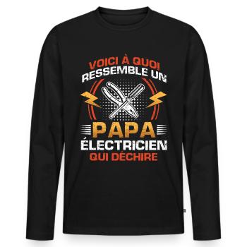 Cadeau fête des pères électricien papa qui déchire - T-shirt manches longues Premium bio Homme - noir - Devant - Nico (187cm)