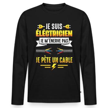 Cadeau électricien je pète un cable humour papa - T-shirt manches longues Premium bio Homme - noir - Devant - Nico (187cm)