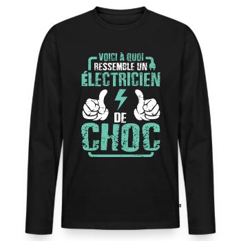 cadeau électricien de choc citation humoristique - T-shirt manches longues Premium bio Homme - noir - Devant - Nico (187cm)