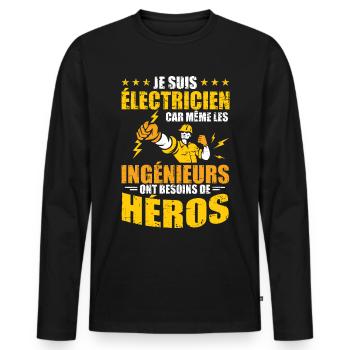 Cadeau mécanicien garage mécano humour voiture - T-shirt manches longues Premium bio Homme - noir - Devant - Nico (187cm)