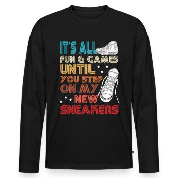 Fan de chaussures « Tu marches sur mes baskets » - T-shirt manches longues Premium bio Homme - noir - Devant - Nico (187cm)