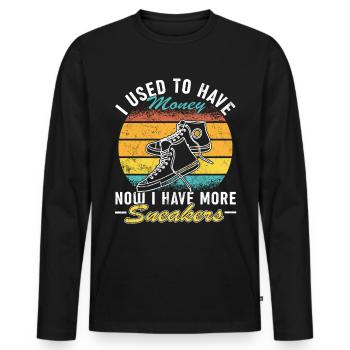 Collectionneur de baskets « J’avais de l’argent » - T-shirt manches longues Premium bio Homme - noir - Devant - Nico (187cm)