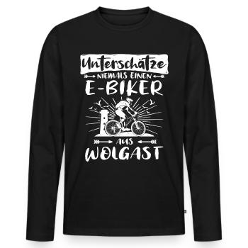 Wolgast Ebike Wolgaster Ebiker - Männer Premium Bio Langarmshirt - Schwarz - Vorne - Nico (187cm)