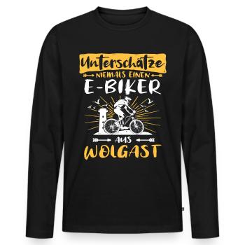 Ebike Wolgast Ebiking Wolgaster E-Biker - Männer Premium Bio Langarmshirt - Schwarz - Vorne - Nico (187cm)