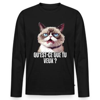 Humour chat qu'est ce que tu veux ? blague meme - T-shirt manches longues Premium bio Homme - noir - Devant - Nico (187cm)