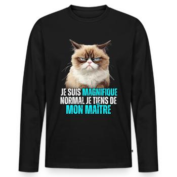 Je suis magnifique normal je tiens de mon maître - T-shirt manches longues Premium bio Homme - noir - Devant - Nico (187cm)