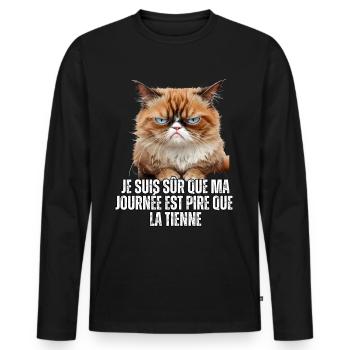 Cadeau Humour propriétaire chat memes pire journée - T-shirt manches longues Premium bio Homme - noir - Devant - Nico (187cm)