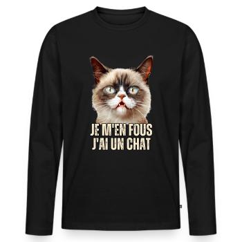 Je m'en fou j'ai un chat cadeau Humour memes chats - T-shirt manches longues Premium bio Homme - noir - Devant - Nico (187cm)