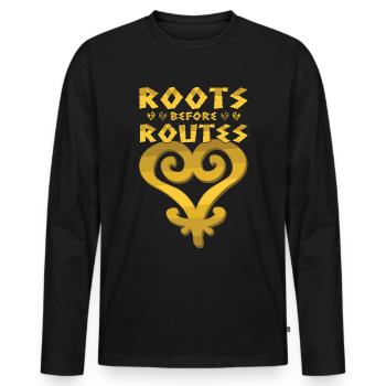 "Roots Before Routes" Sankofa Icon - Men's Premium Organic Long Sleeve Shirt - black - Front - Nico (187cm)