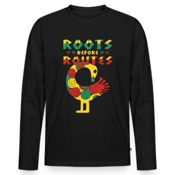 "Roots Before Routes" Bird Icon Sankofa Art - Men's Premium Organic Long Sleeve Shirt - black - Front - Nico (187cm)