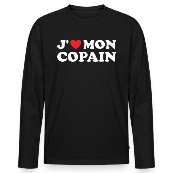 Cadeau St Valentin Femme Copine Humoristique - T-shirt manches longues Premium bio Homme - noir - Devant - Nico (187cm)