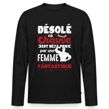 Cadeau Saint Valentin Homme Chauve Humour Coeur - T-shirt manches longues Premium bio Homme - noir - Devant - Nico (187cm)
