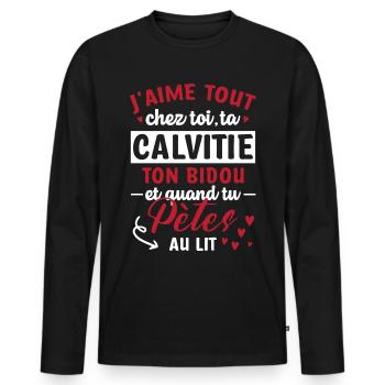 Cadeau Saint Valentin Homme Chauve Humour Péter - T-shirt manches longues Premium bio Homme - noir - Devant - Nico (187cm)