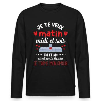Cadeau St Valentin Femme Homme Je t aime - T-shirt manches longues Premium bio Homme - noir - Devant - Nico (187cm)