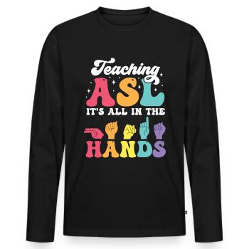 Professeur d’ASL Langue des signes américaine - T-shirt manches longues Premium bio Homme - noir - Devant - Nico (187cm)