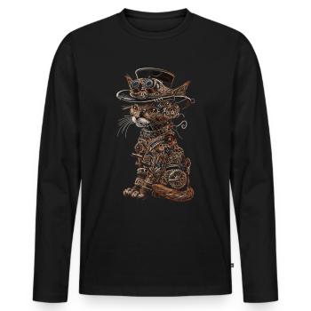 Chat steampunk - T-shirt manches longues Premium bio Homme - noir - Devant - Nico (187cm)