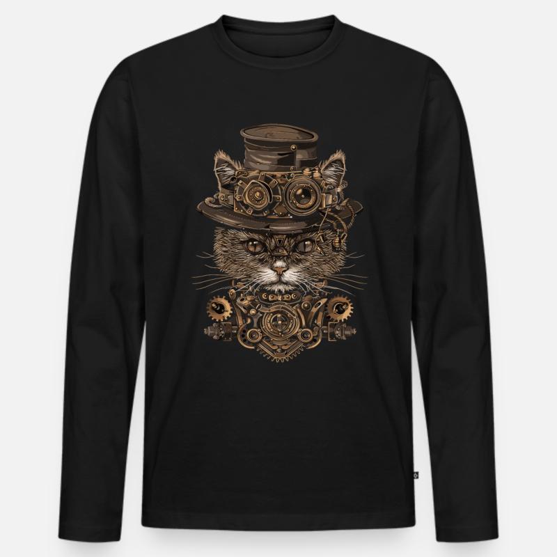 Steampunk-katze - Männer Premium Bio Langarmshirt - Schwarz