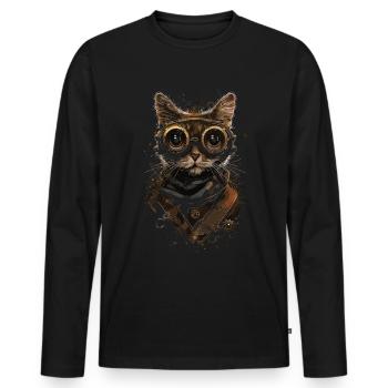 Chat steampunk - T-shirt manches longues Premium bio Homme - noir - Devant - Nico (187cm)