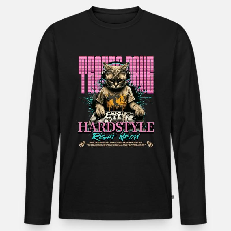 Cat DJ Hardstyle Right Meow - Männer Premium Bio Langarmshirt - Schwarz