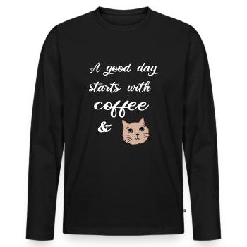 coffee and cat, Katze und Kaffee - Männer Premium Bio Langarmshirt - Schwarz - Vorne - Nico (187cm)