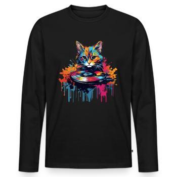 Vinyle coloré Cat Vinyl Record Turntable - T-shirt manches longues Premium bio Homme - noir - Devant - Nico (187cm)