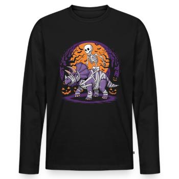 Skelett reitet einen Dinosaurier an Halloween - Männer Premium Bio Langarmshirt - Schwarz - Vorne - Nico (187cm)