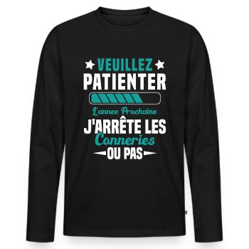 J'arrête les conneries humour - T-shirt manches longues Premium bio Homme - noir - Devant - Nico (187cm)