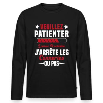 J'arrête les conneries humour - T-shirt manches longues Premium bio Homme - noir - Devant - Nico (187cm)